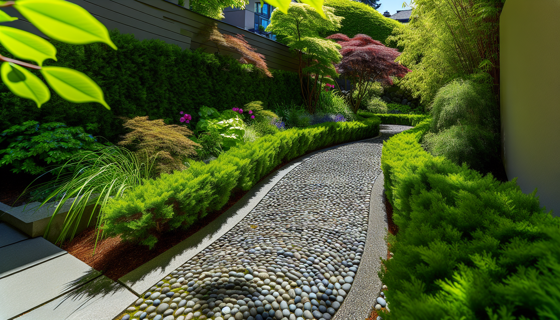 Curved pathway in a narrow side yard