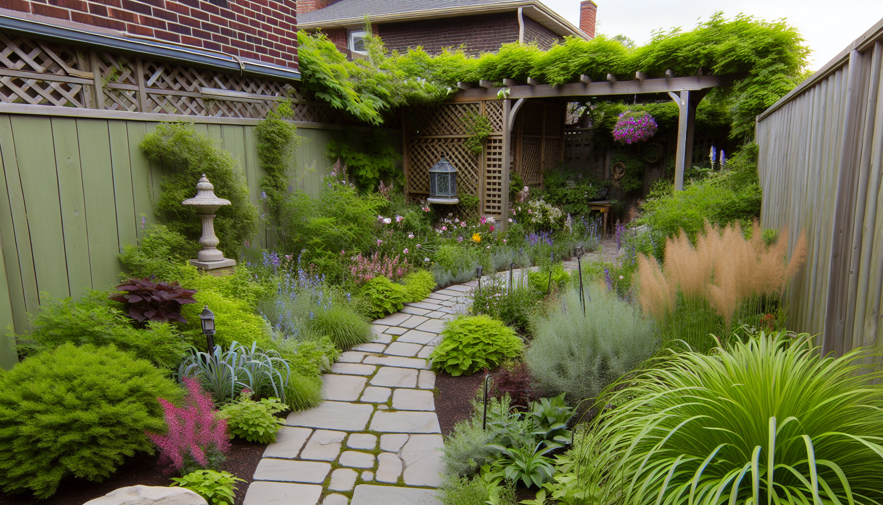 A narrow side yard with a combination of hardscape, plants, and accessories