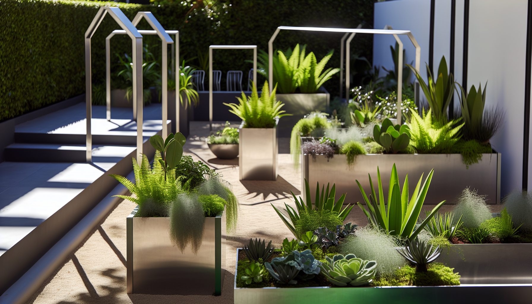 Minimalist stainless steel planters and simple arches in a garden