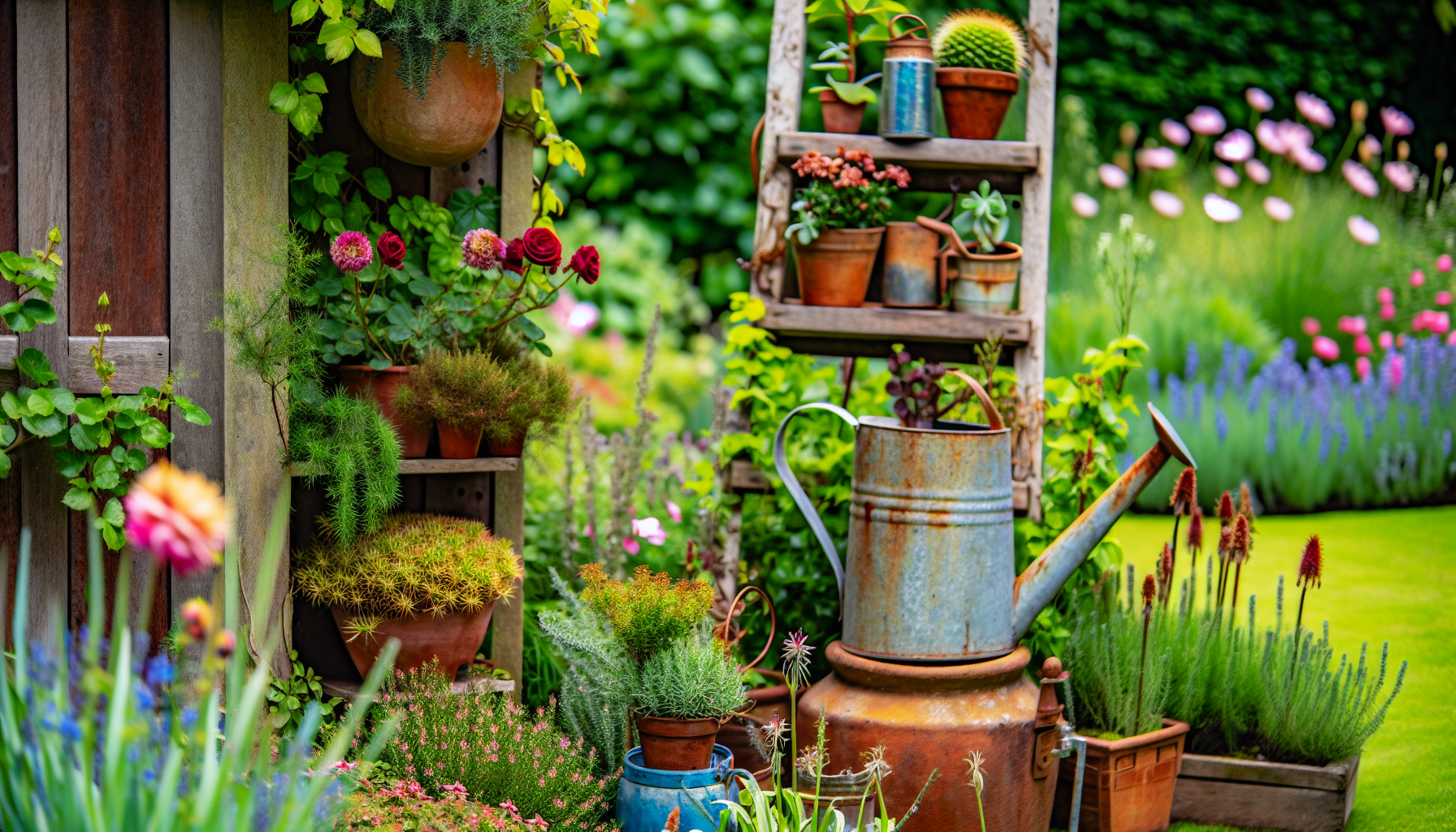 Vintage garden accessories in a personalized cottage garden