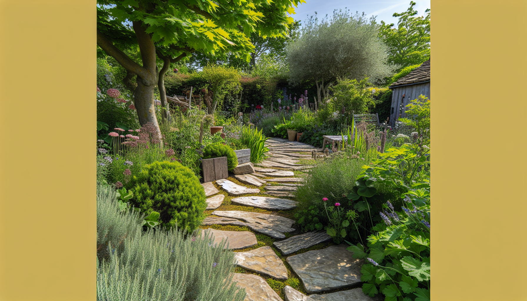 Rustic stone pathway in a cottage garden