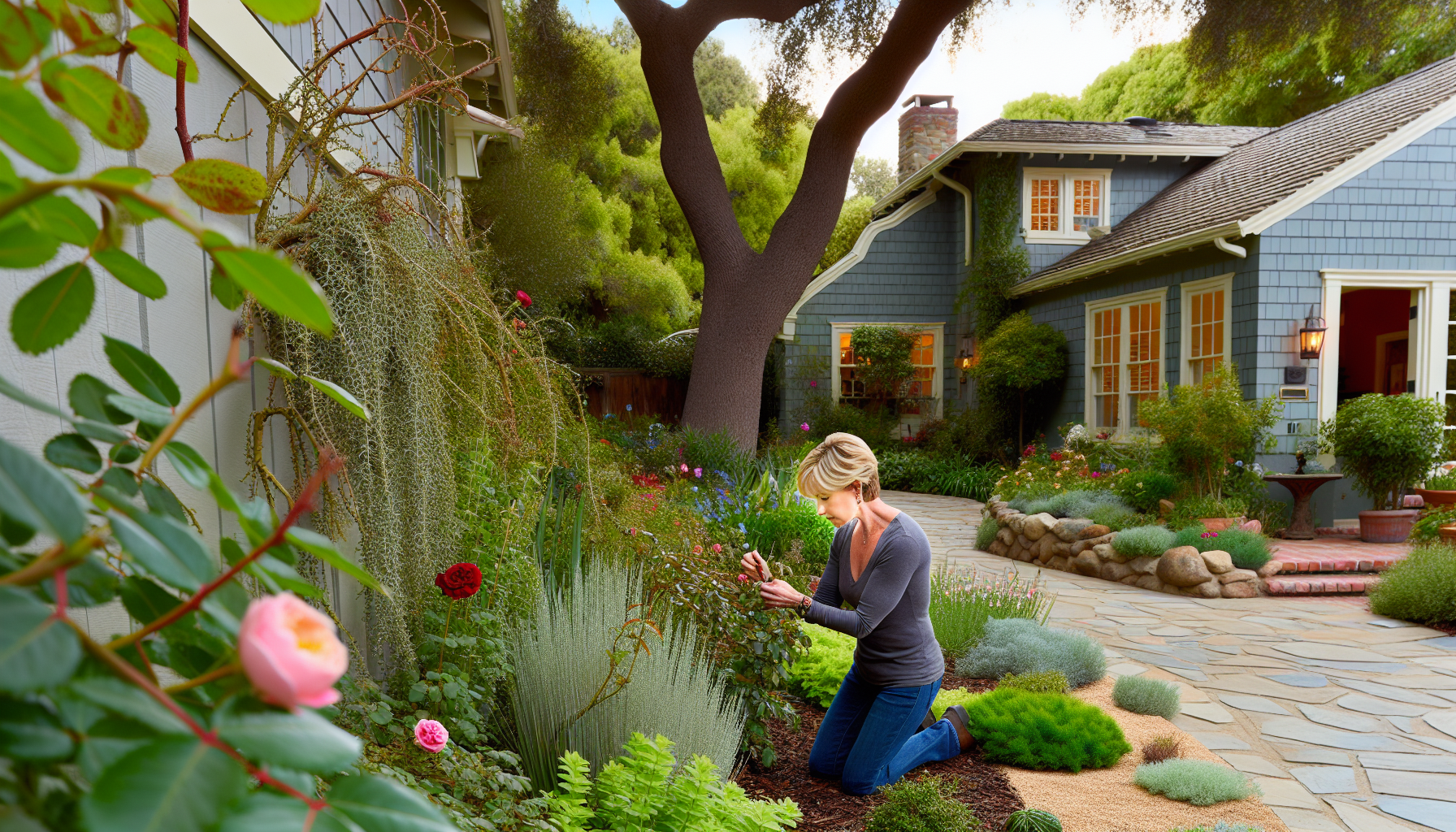 Cohesive side yard landscaping enhancing curb appeal